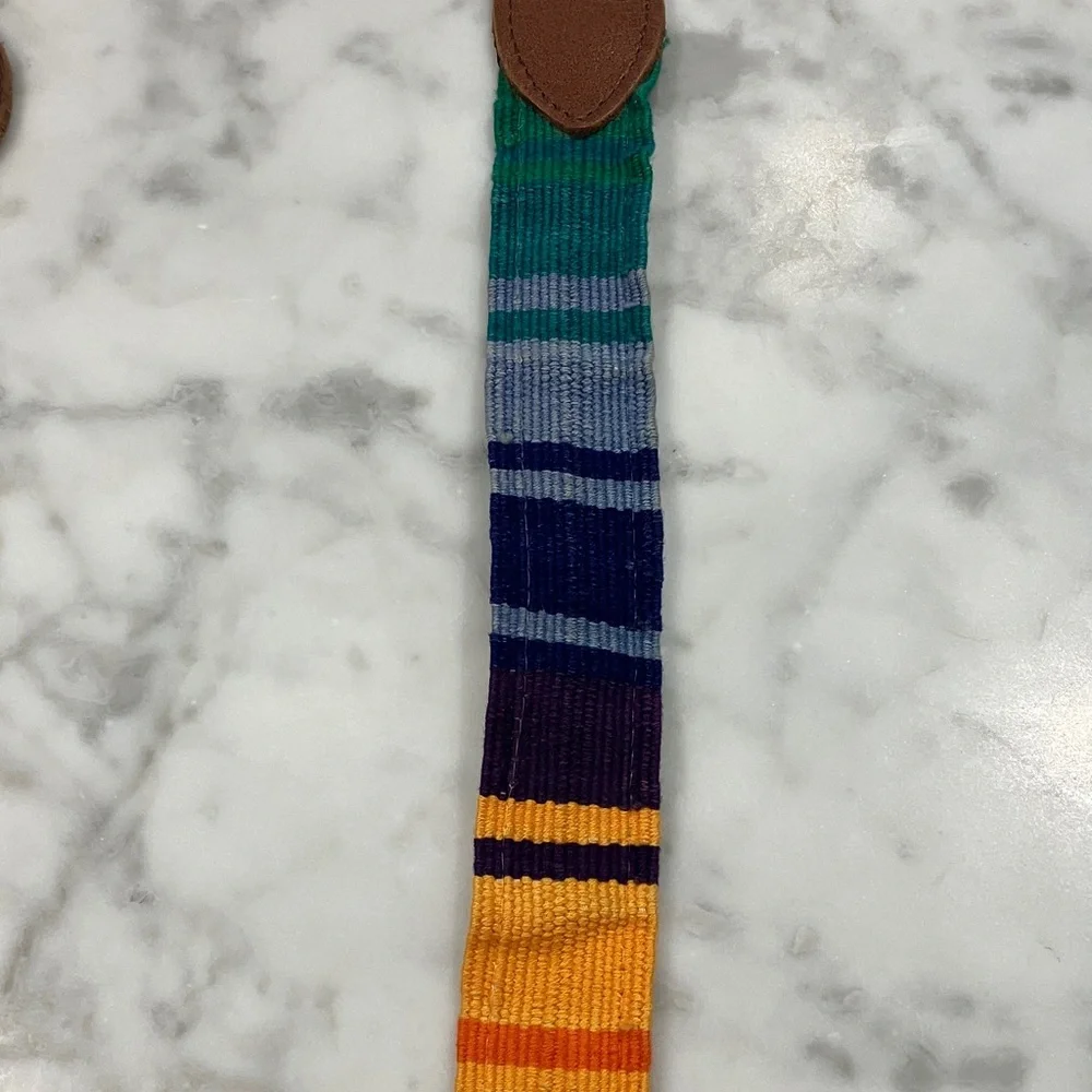 Vintage Colorful Striped Belt with Brown leather Buckle adjustable Guatemala OS